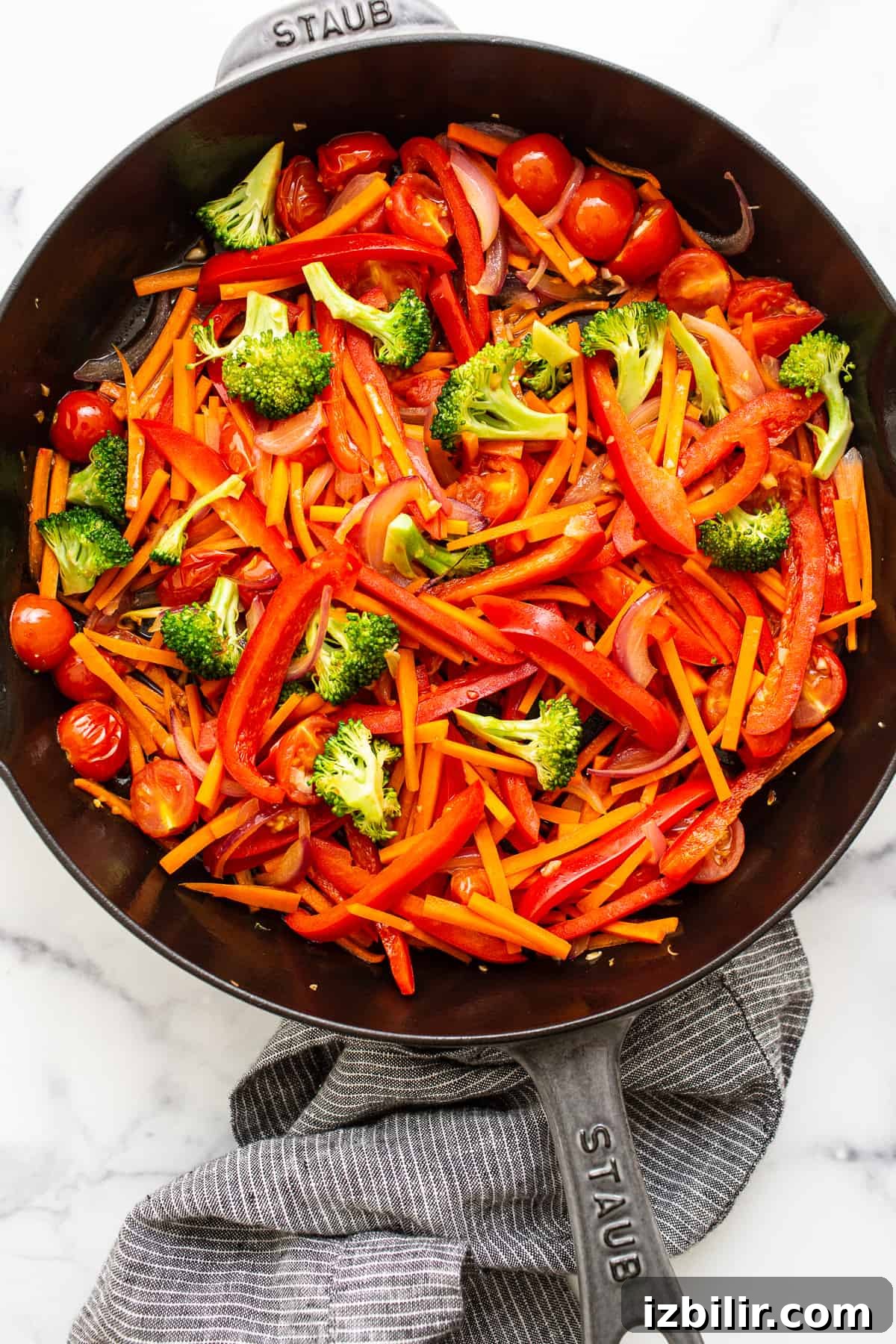 Veggies cooked in cast iron skillet.