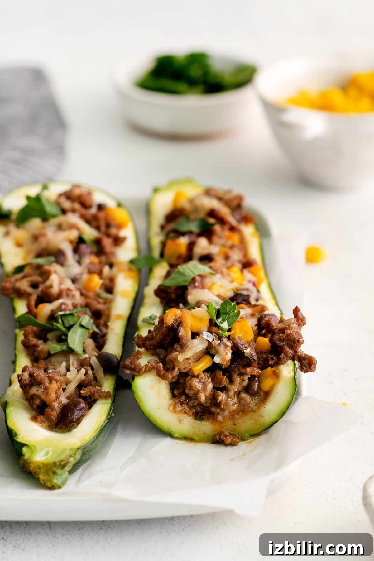 ground beef stuffed zucchini on plate