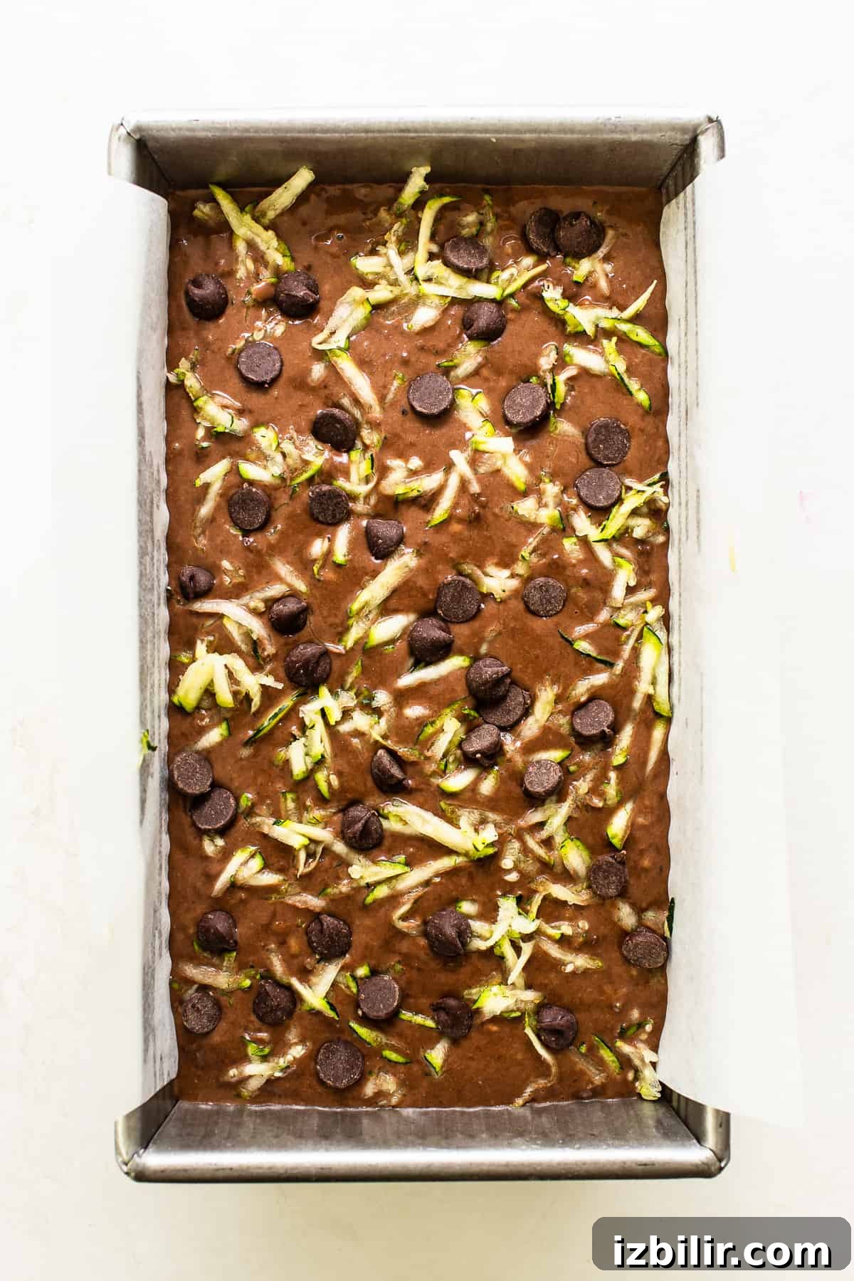 Loaf of chocolate zucchini bread ready to go in the oven.