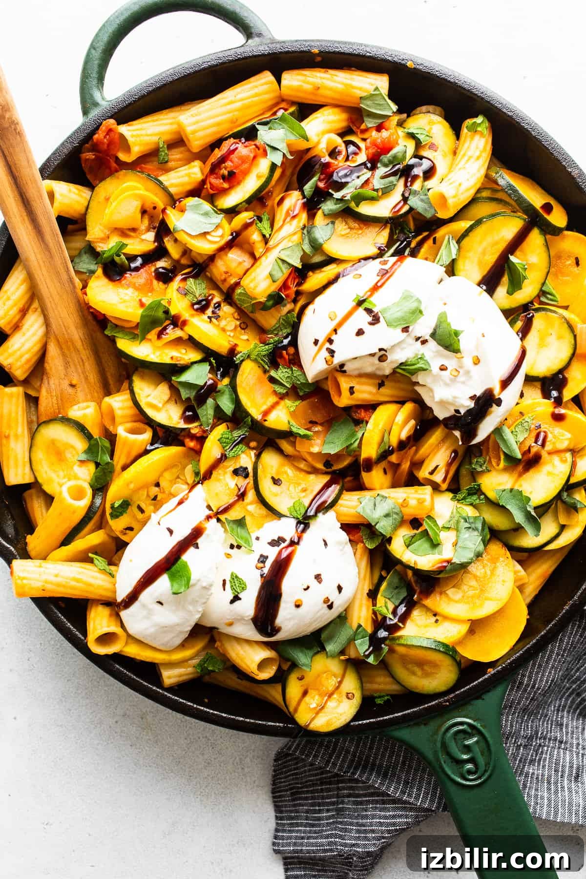 Summer Squash Pasta with Lemon, Garlic and Parmesan 2 Summer squash pasta in a skillet.