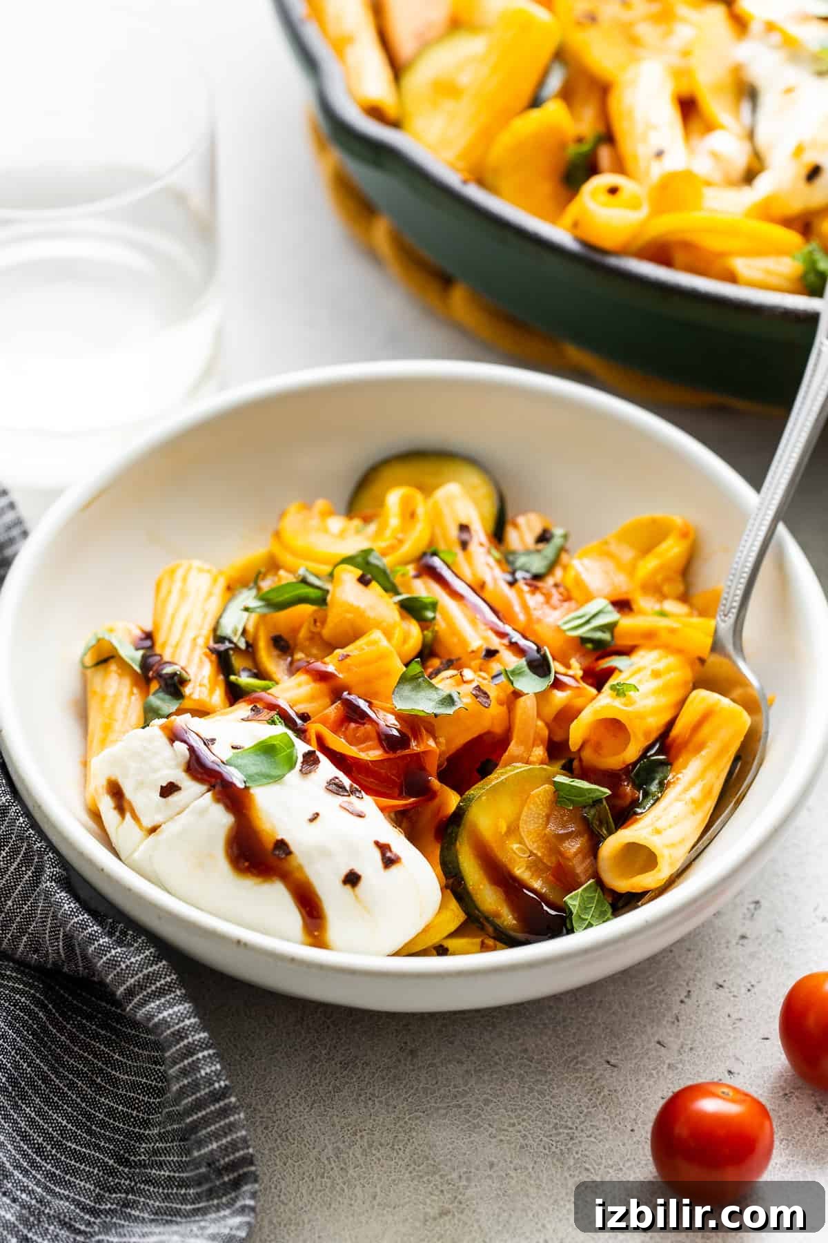 Summer Squash Pasta with Lemon, Garlic and Parmesan 5 Summer squash pasta in a bowl with burrata.