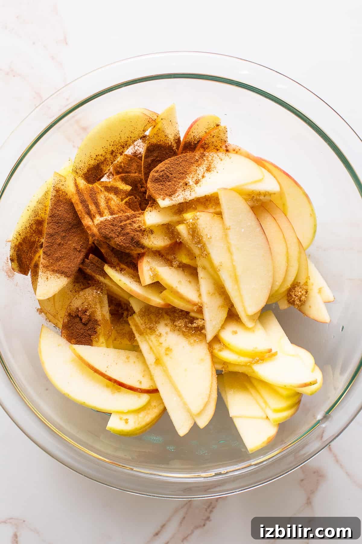Toss apple slices with lemon juice and spices before arranging. A bowl of sliced apples with cinnamon on top.
