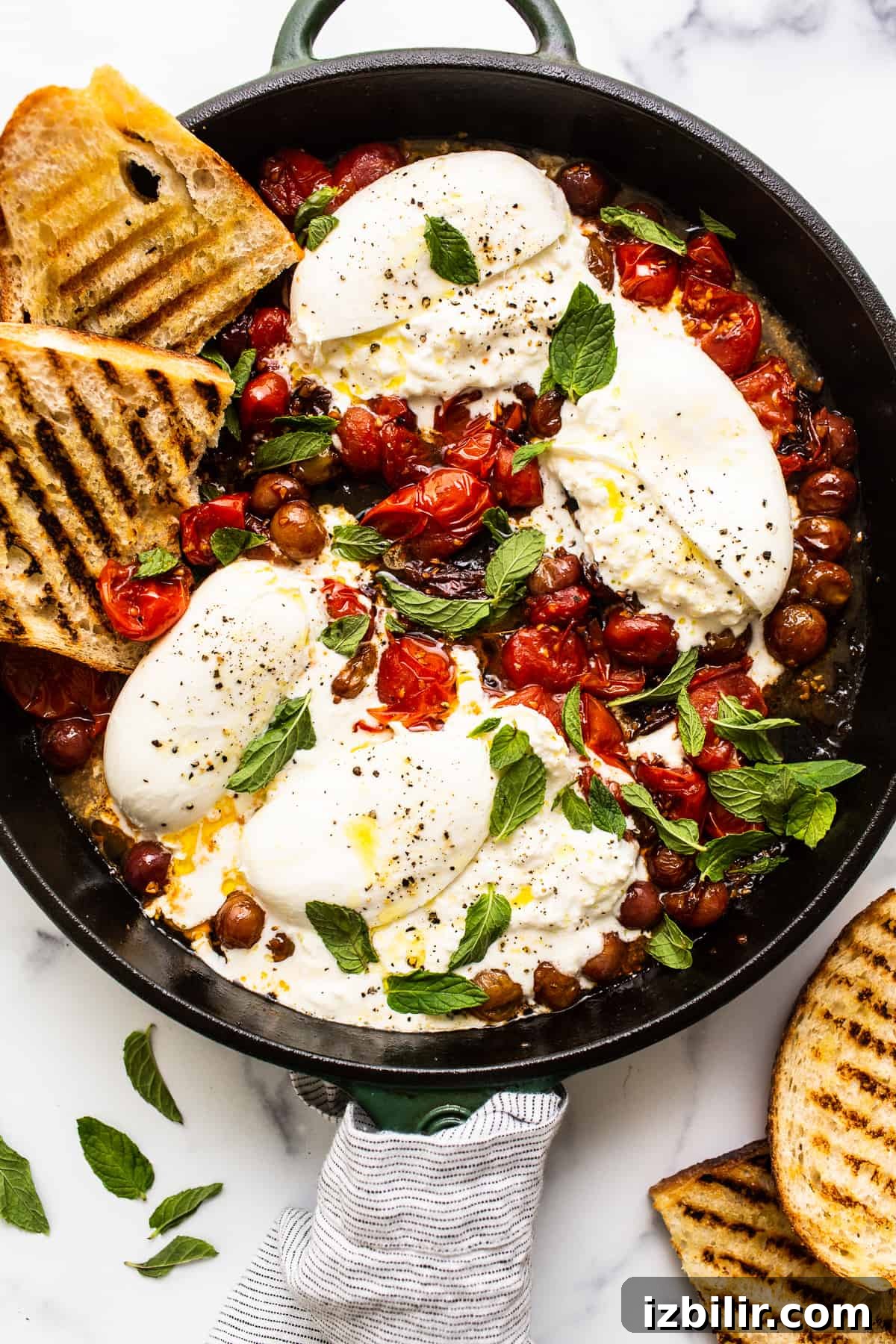 Creamy Burrata with Bursting Cherry Tomatoes Recipe 2 appetizer in skillet.