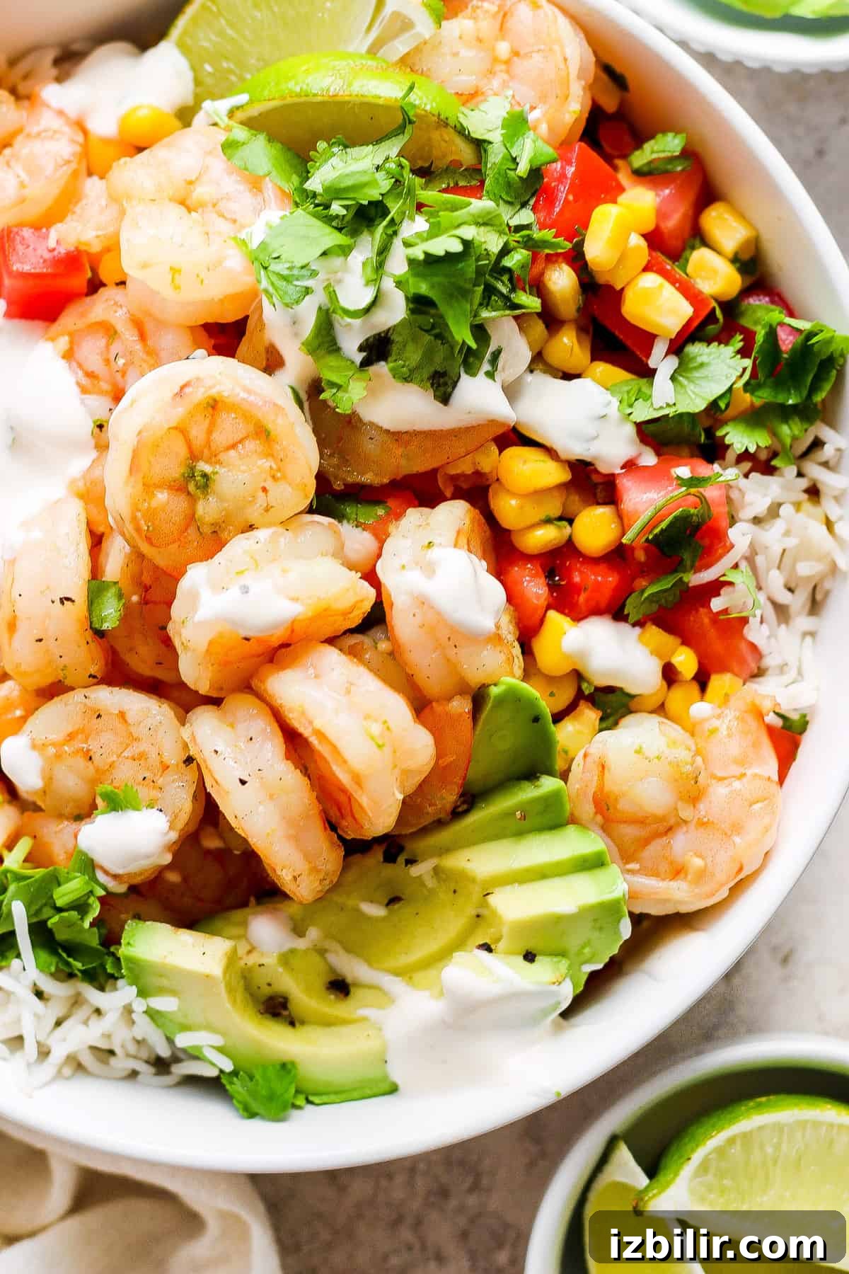 Cilantro Lime Shrimp Rice Bowls with Avocado 6 A white bowl with shrimp, rice and avocado.