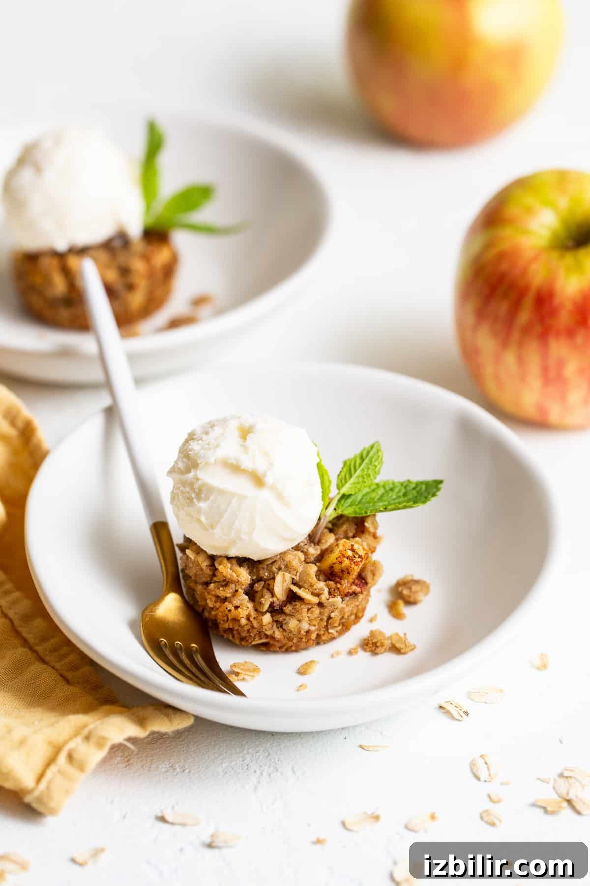 Mini apple crisps are a fun way to serve traditional apple crisps but in a single serving. mini apple crisp in bowl.