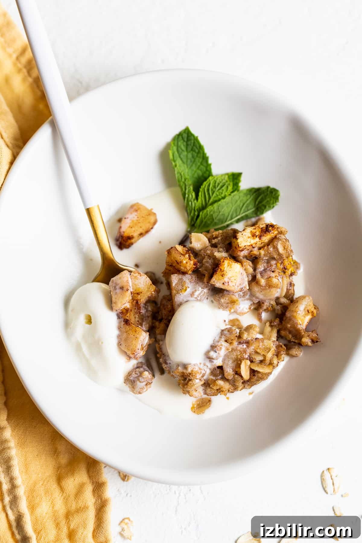 Mini apple crisps are a fun way to serve traditional apple crisps but in a single serving. mini apple crisp in bowl with ice cream.