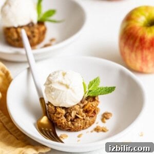Mini apple crisps are a fun way to serve traditional apple crisps but in a single serving. mini apple crisp in bowl.