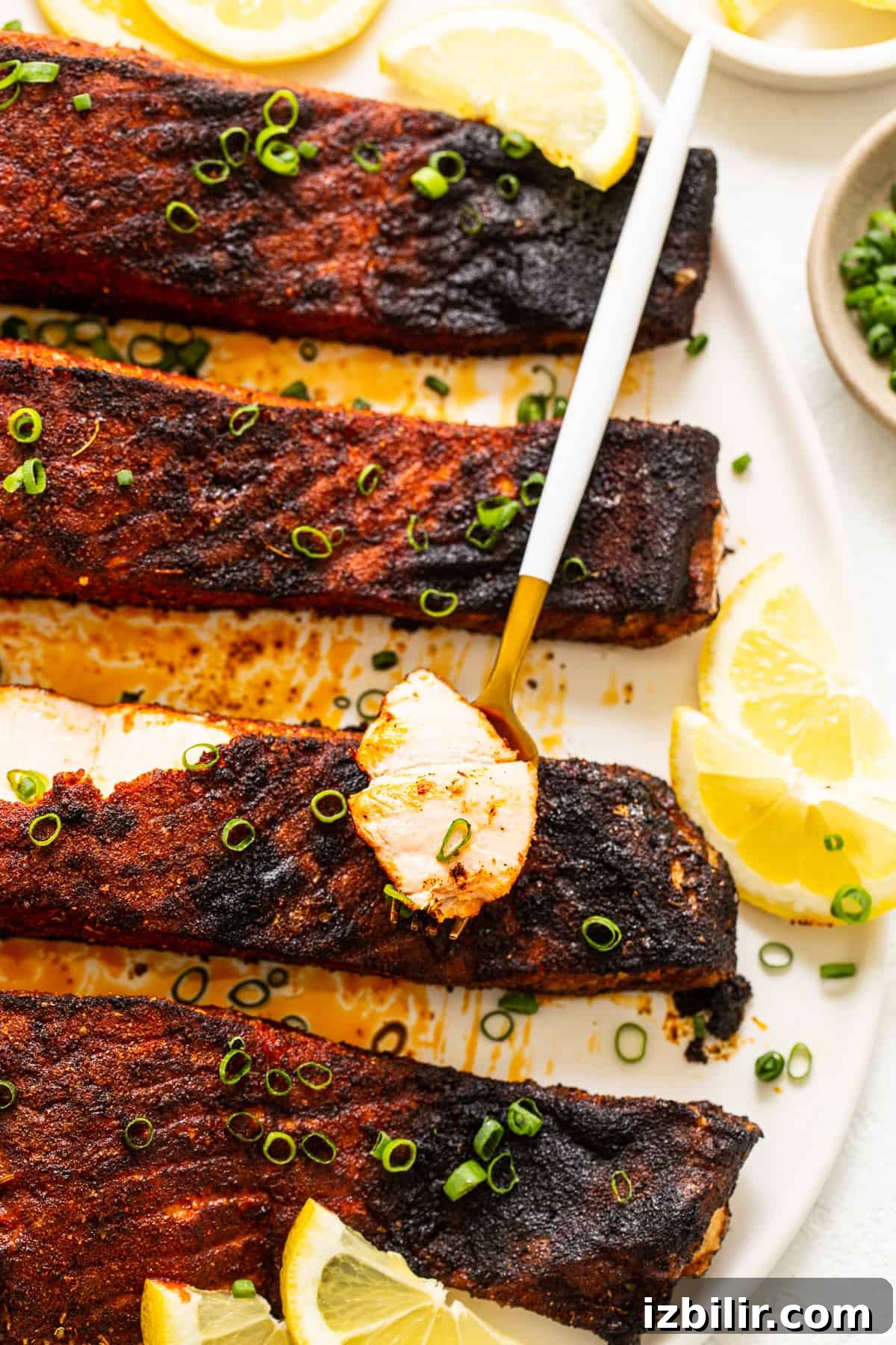 Blackened salmon served with green onion and fresh lemon.