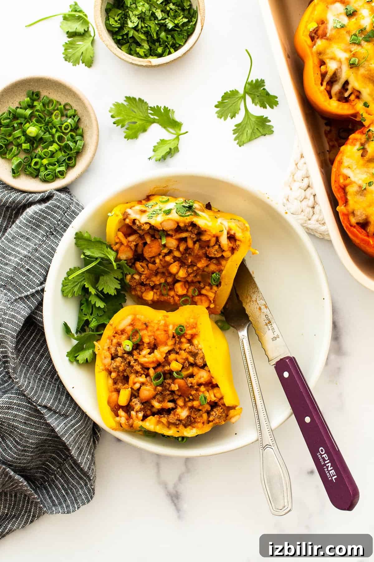 Stuffed pepper cut in half on a plate.
