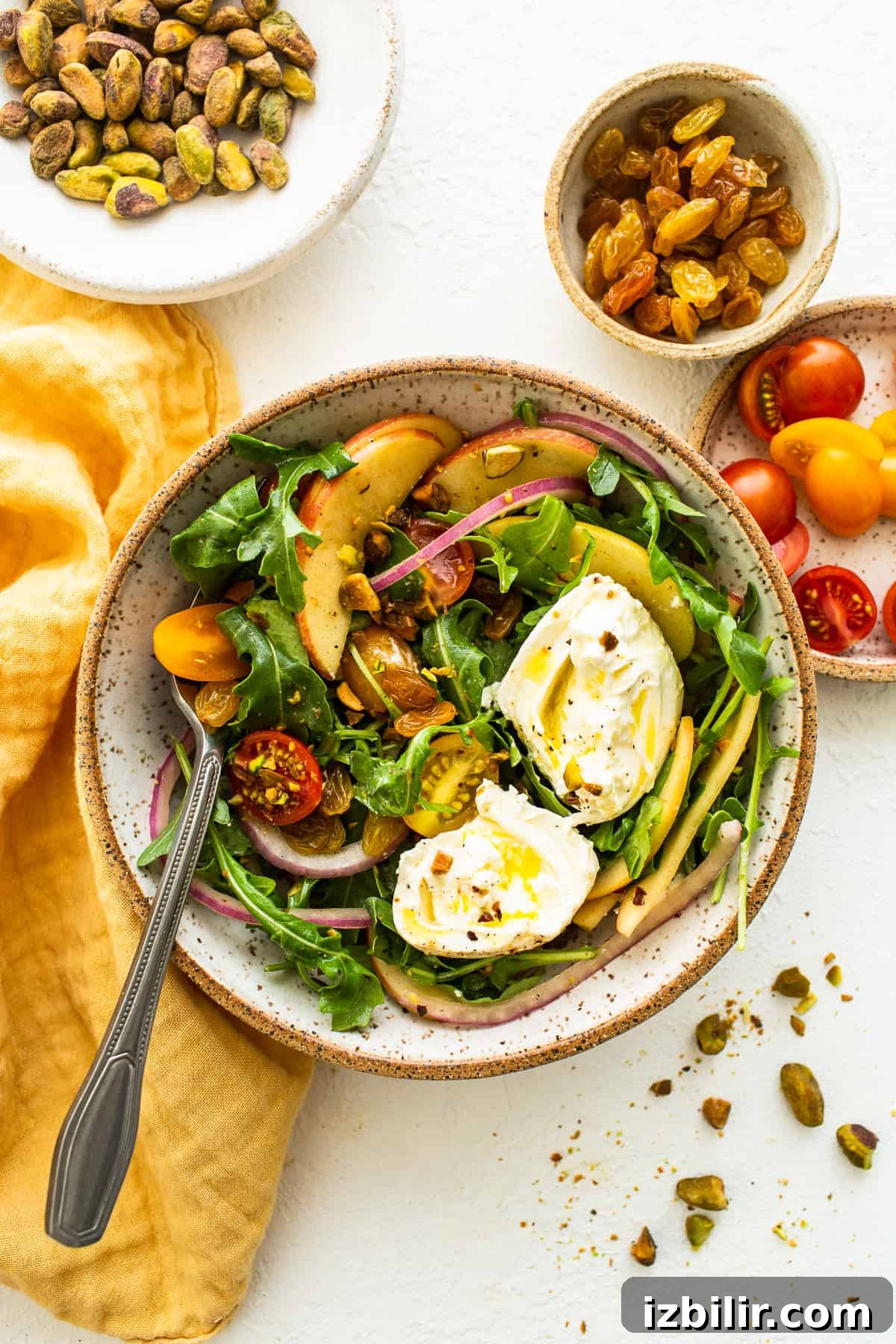 Burrata salad in a bowl.