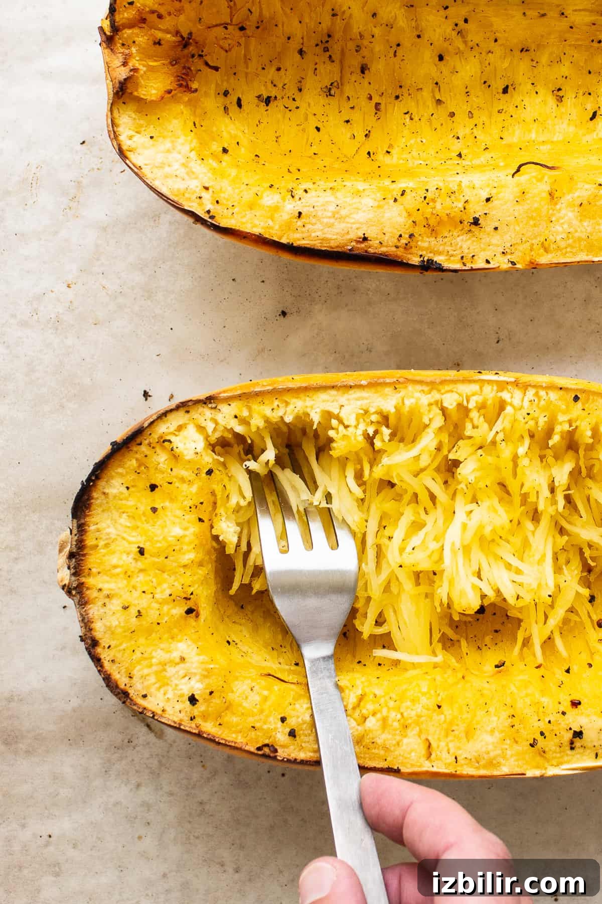 forking spaghetti squash on plate.