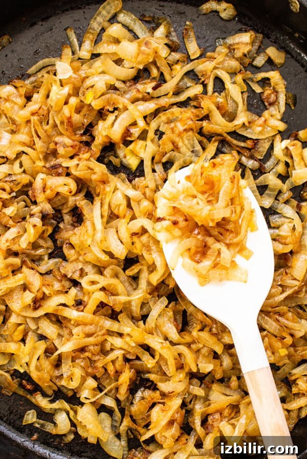 Caramelized onions in a skillet pan.