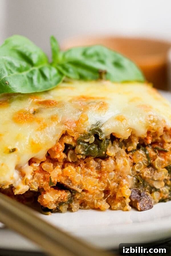 Slice of spinach quinoa lasagna casserole topped with fresh basil on a plate