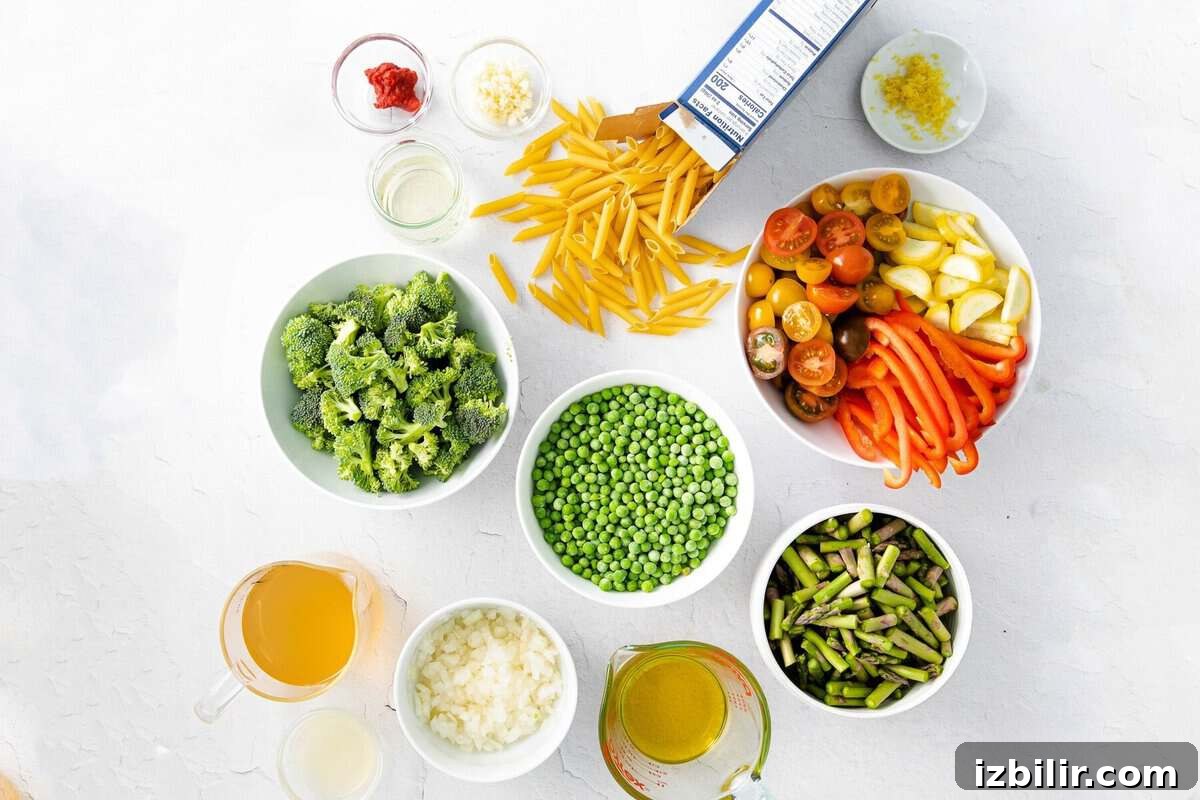 pasta primavera ingredients in bowls, ready to be prepared