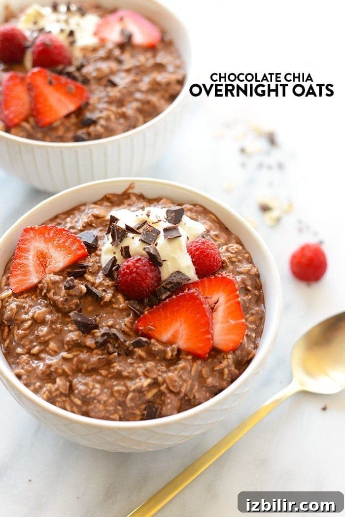 chocolate chia overnight oats in a bowl