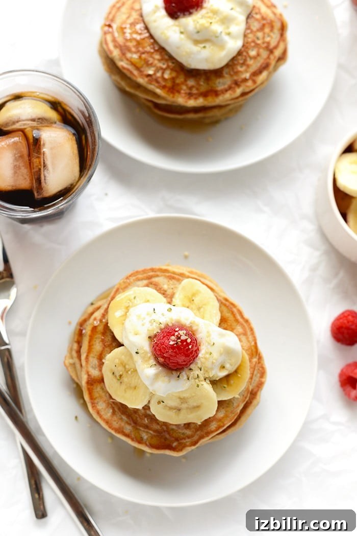 Start your morning with a stack of 100% whole-grain, no sugar-added banana pancakes made with real ingredients. Don’t forget to top them with fresh fruit and Greek yogurt! 