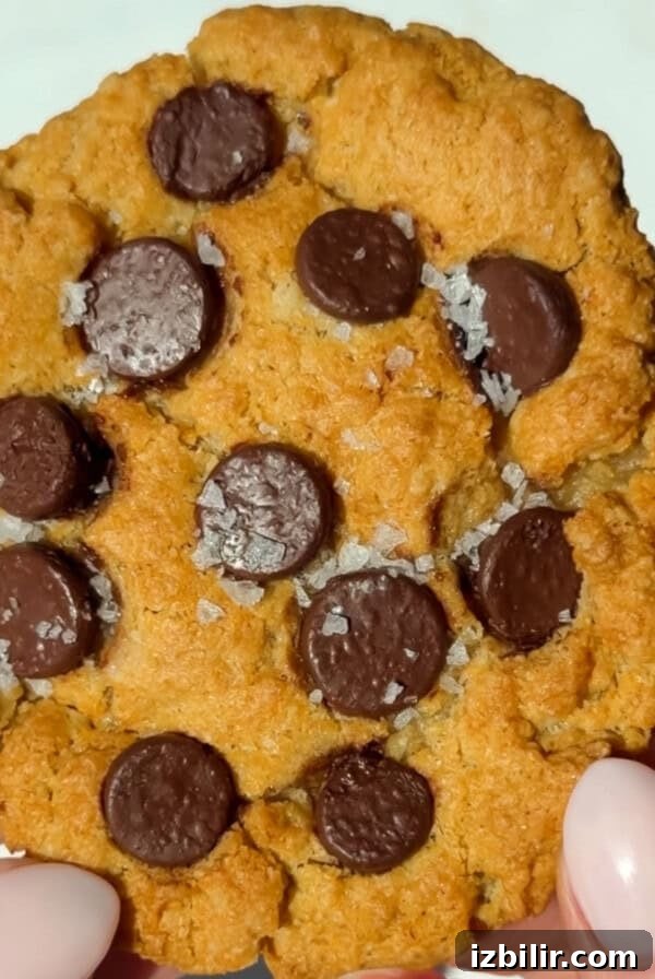 A person holding a chocolate chip cookie topped with coarse sea salt; the cookie has a golden-brown color and visible chocolate chips.