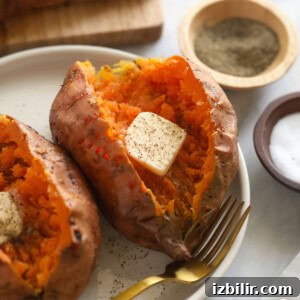 Microwave Sweet Potato to Tender Perfection 3 Sweet potatoes on a plate.
