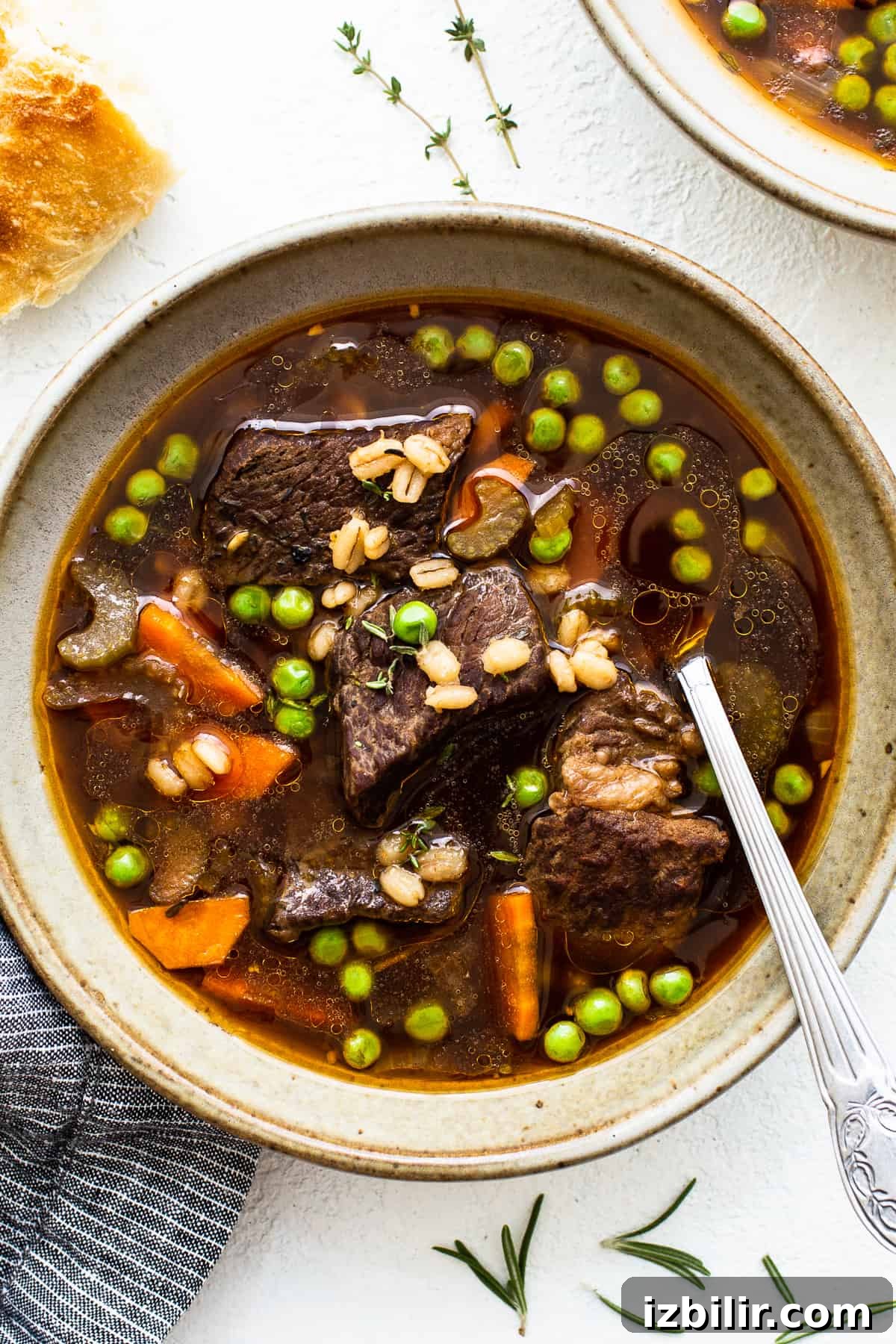 bowl of beef and barley soup.