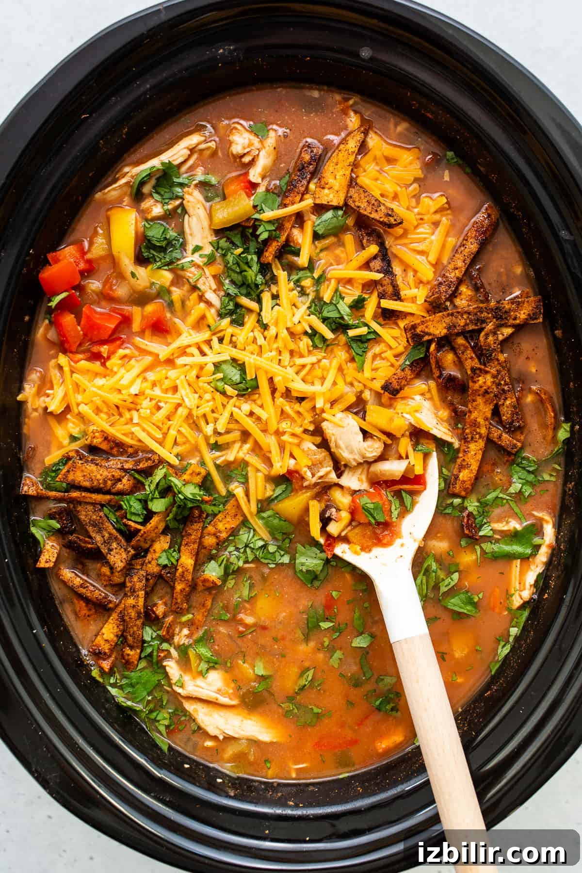Slow cooker chicken tortilla soup ready to serve. Chicken tortilla soup in a slow cooker.