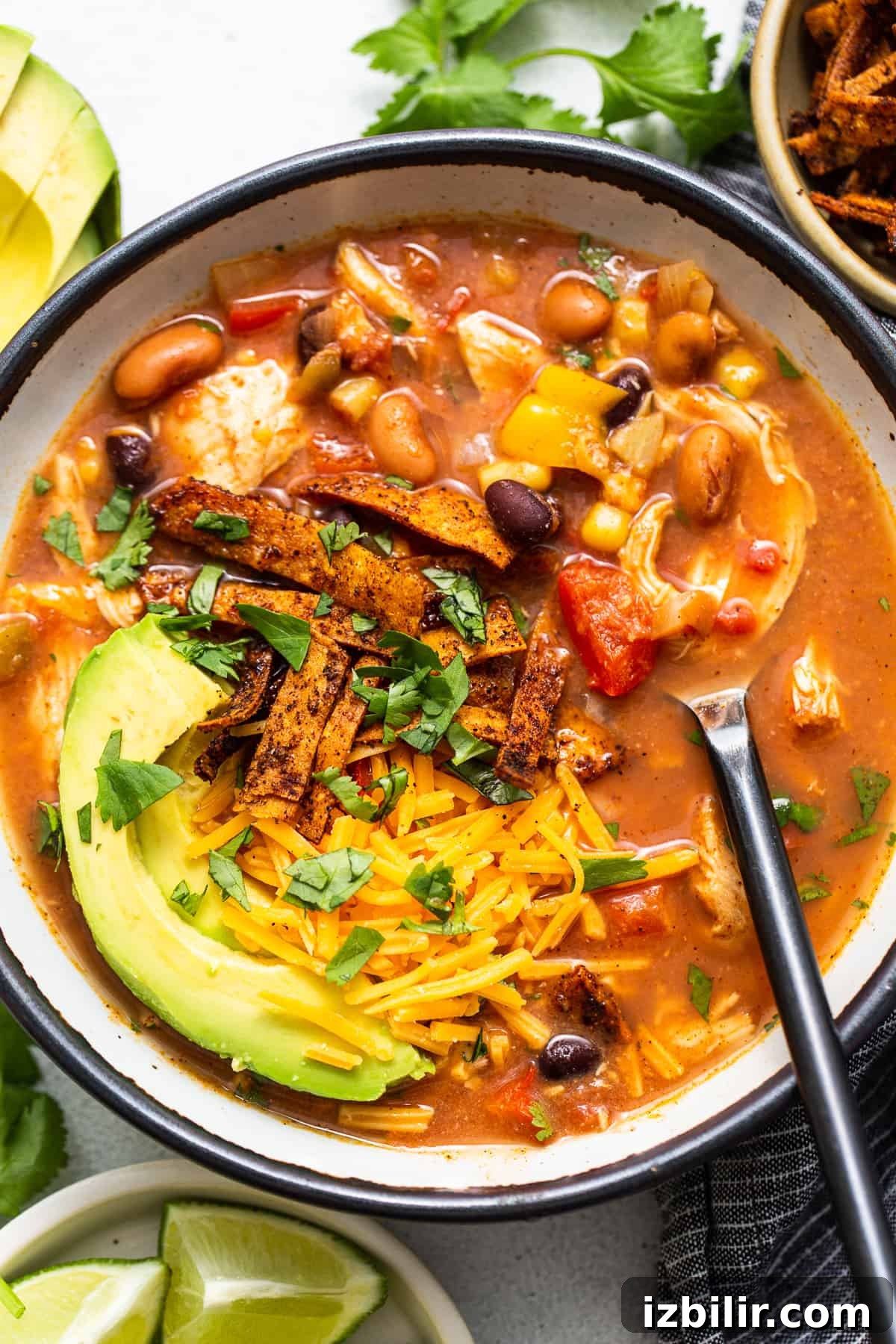 Bowl of slow cooker chicken tortilla soup. Chicken tortilla soup in a bowl.