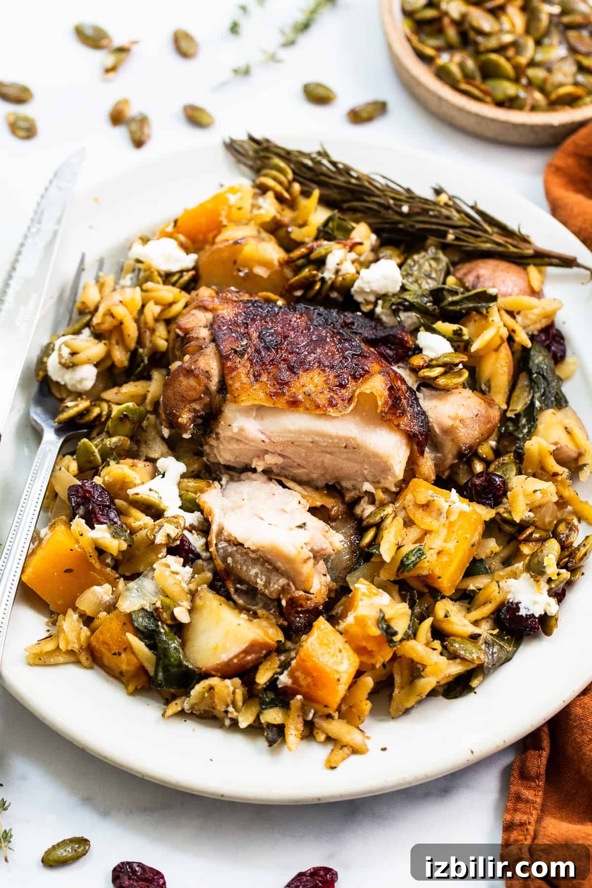 Harvest Orzo Skillet with Roasted Vegetables and Herbs 6 Chicken thigh cut in half with vegetables and orzo.