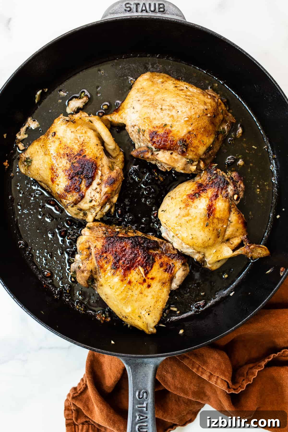 Harvest Orzo Skillet with Roasted Vegetables and Herbs 3 Browning chicken thighs in a cast iron skillet.