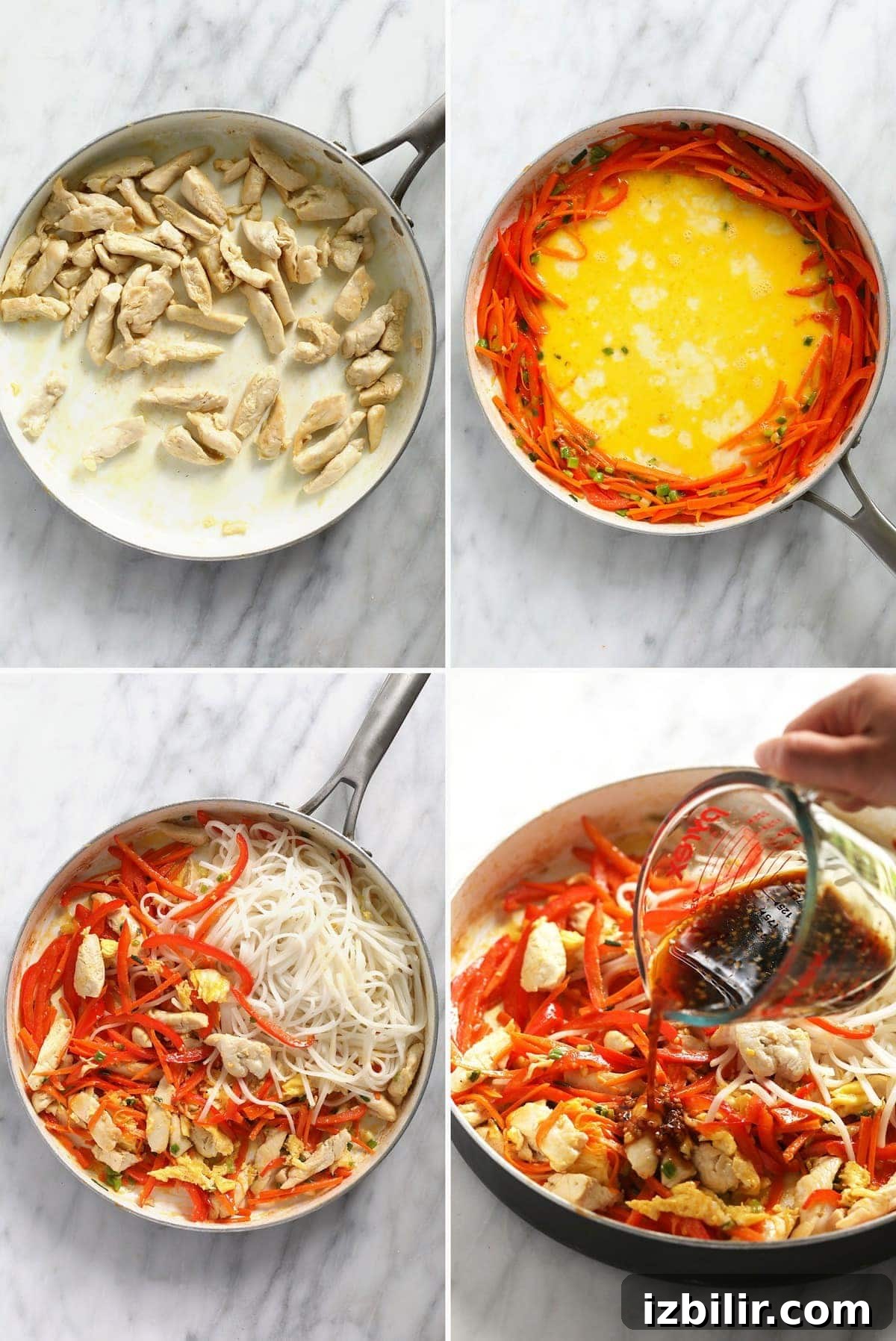 Steps for chicken pad Thai: sautéing chicken and vegetables, scrambling eggs, adding sauce, and mixing everything together.