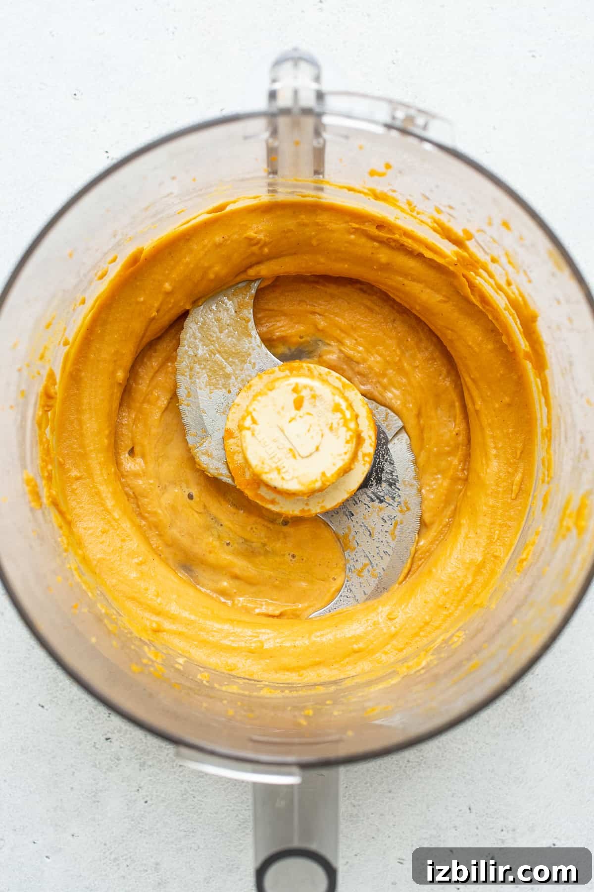Pureed sweet potato Pureed sweet potato in a food processor.