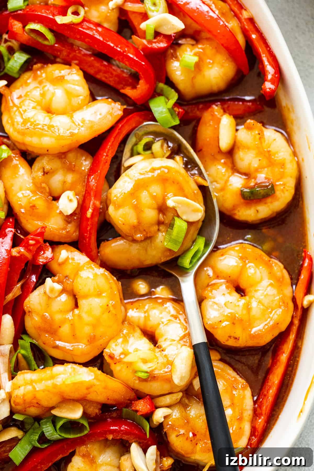 kung pao shrimp in serving dish.