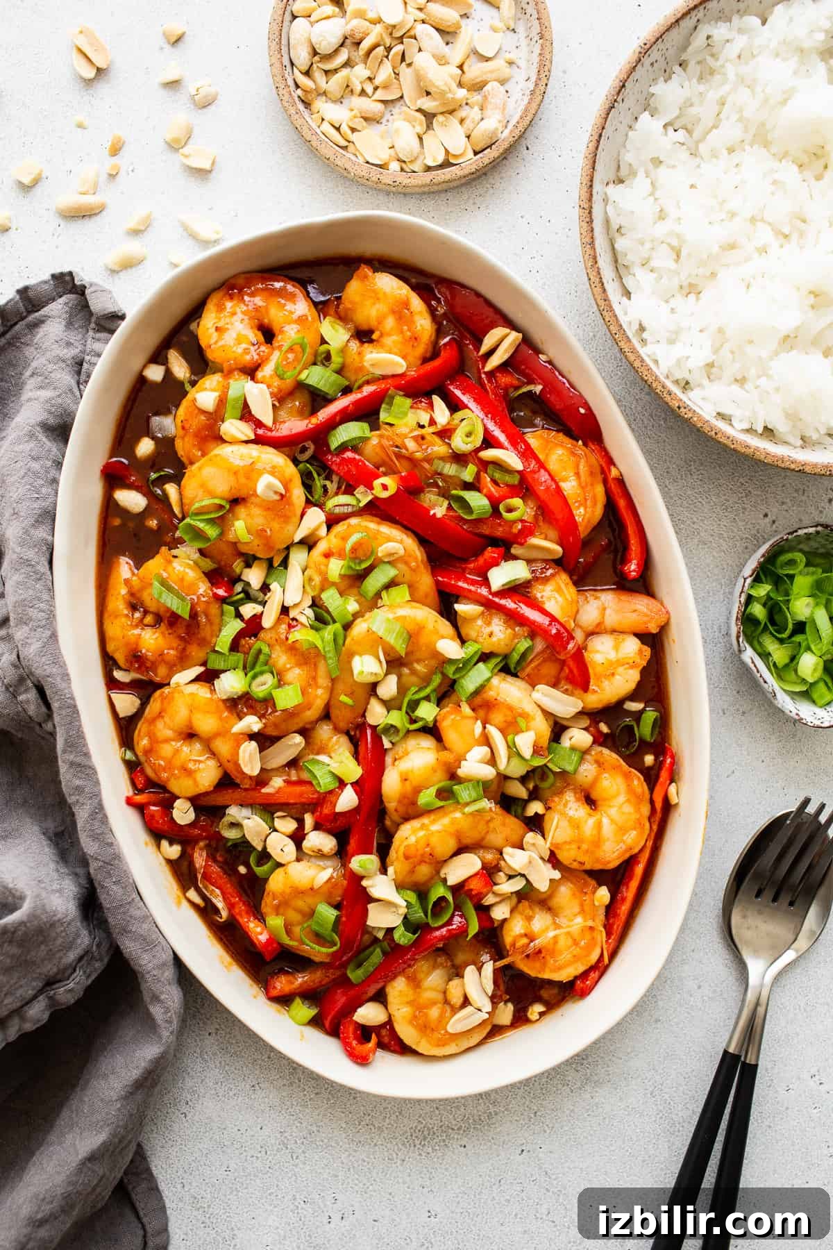 kung pao shrimp in serving platter.