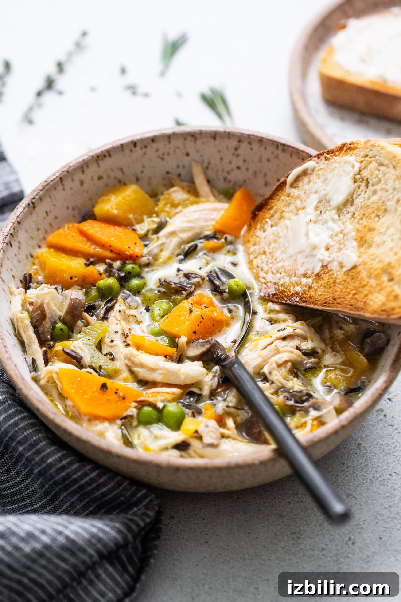 Turkey wild rice soup in a bowl.