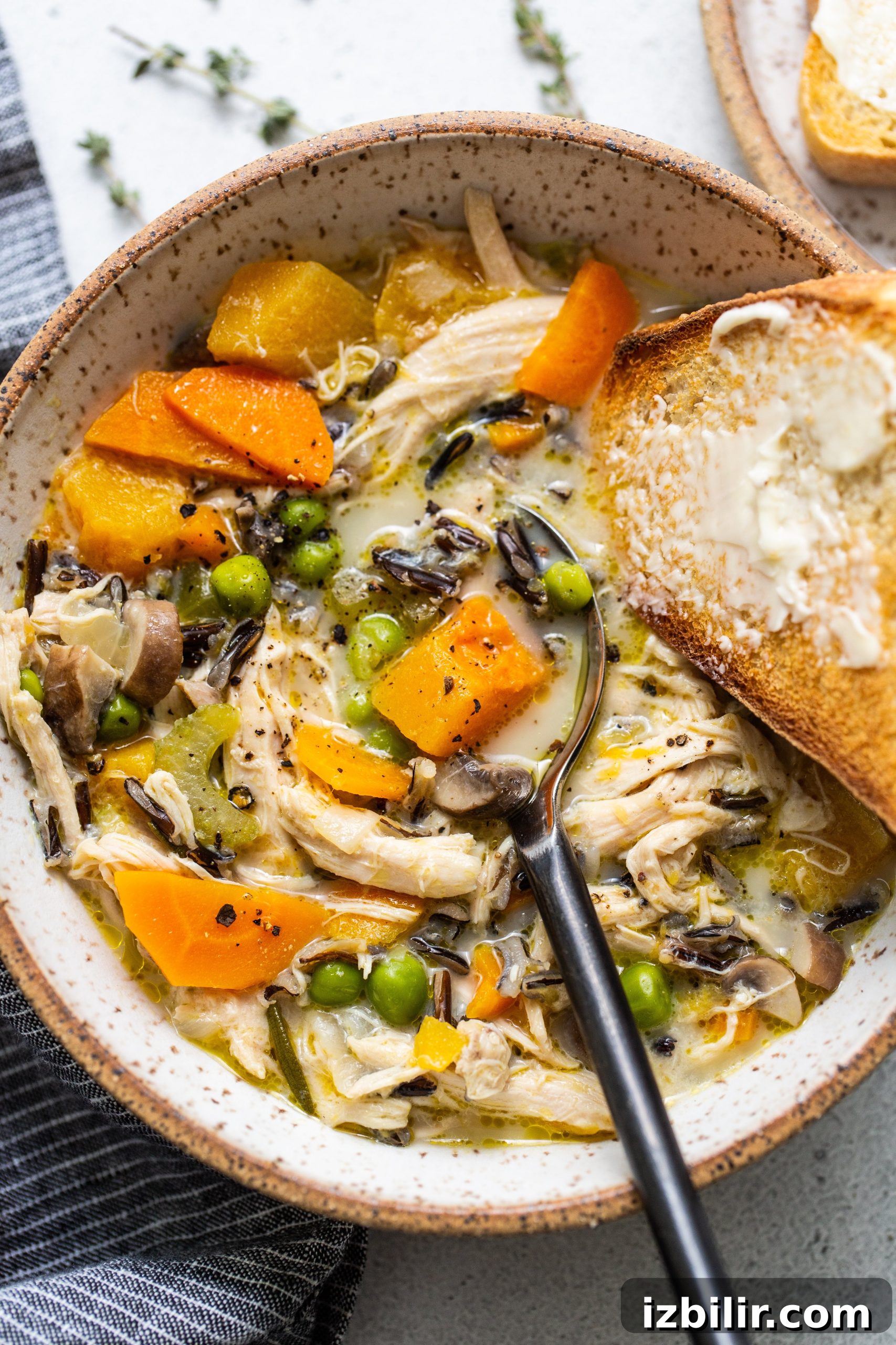 Bowl of turkey wild rice soup.