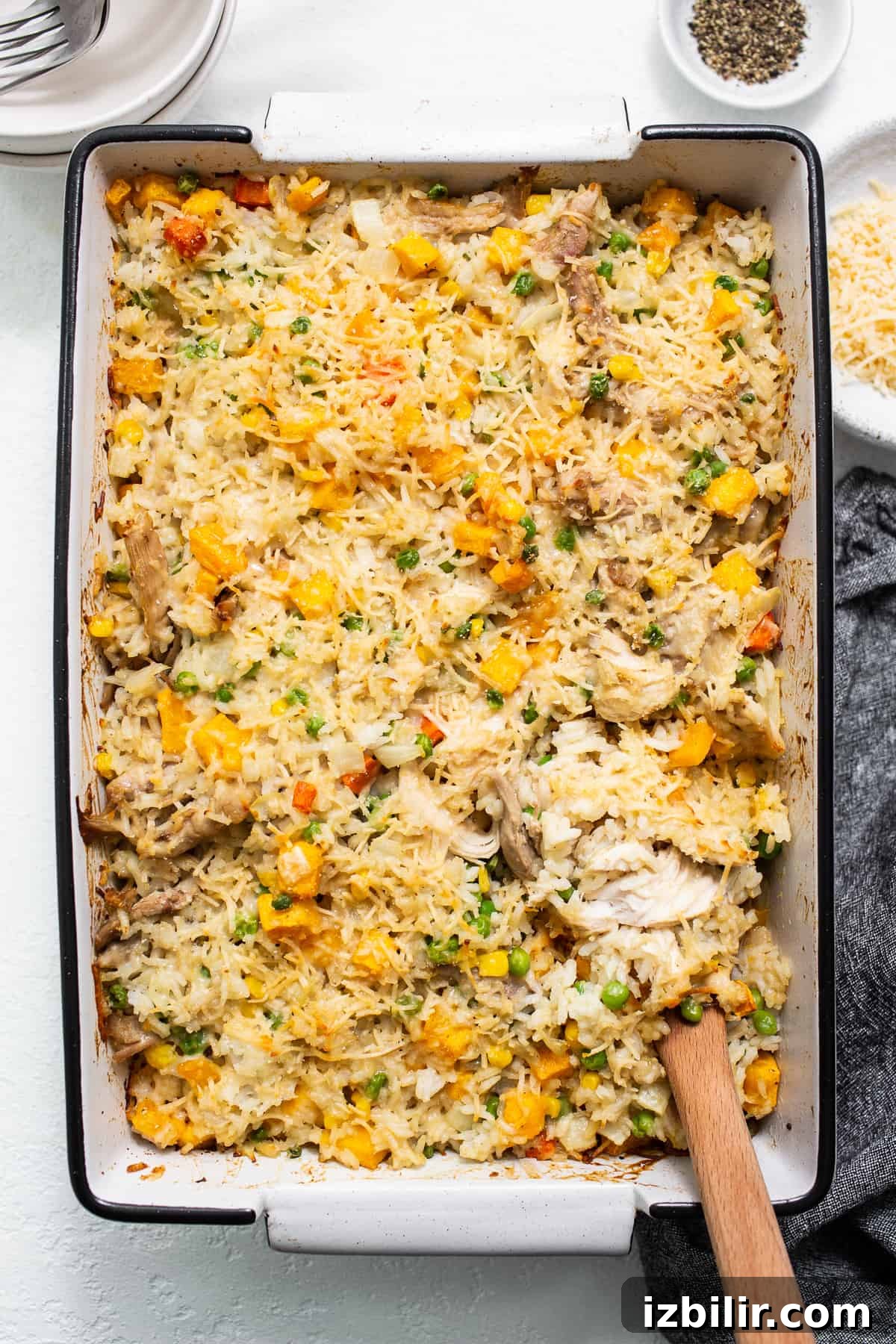 Turkey casserole in a casserole dish.