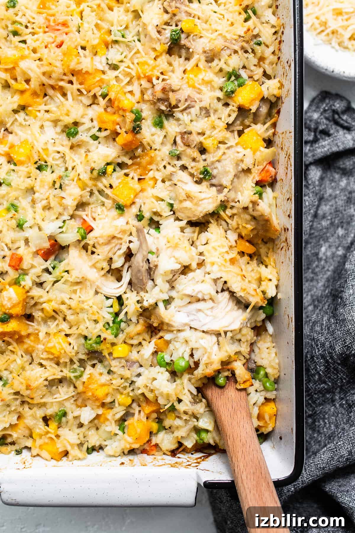 Turkey casserole in a casserole dish.