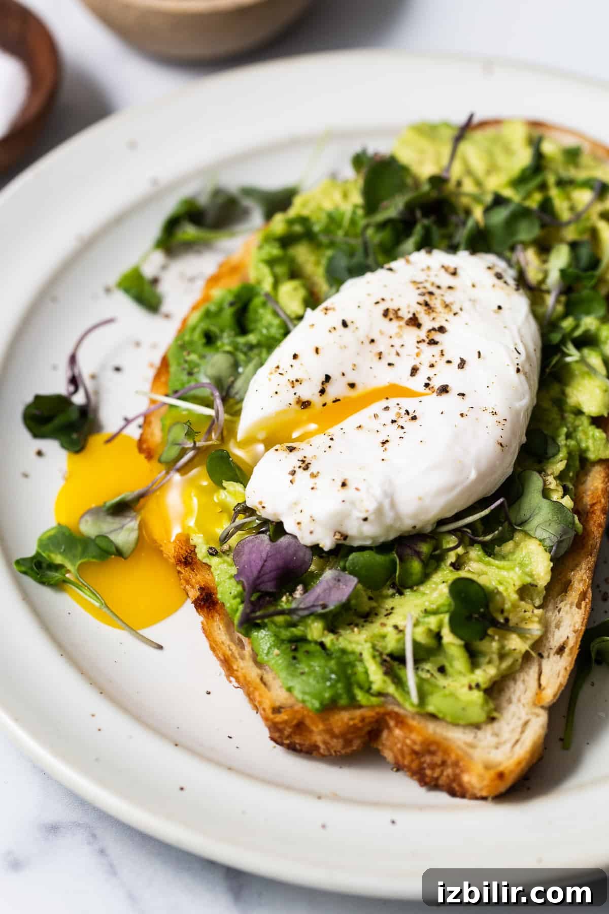 Poached egg on avocado toast Poached egg with avocado toast on a plate.