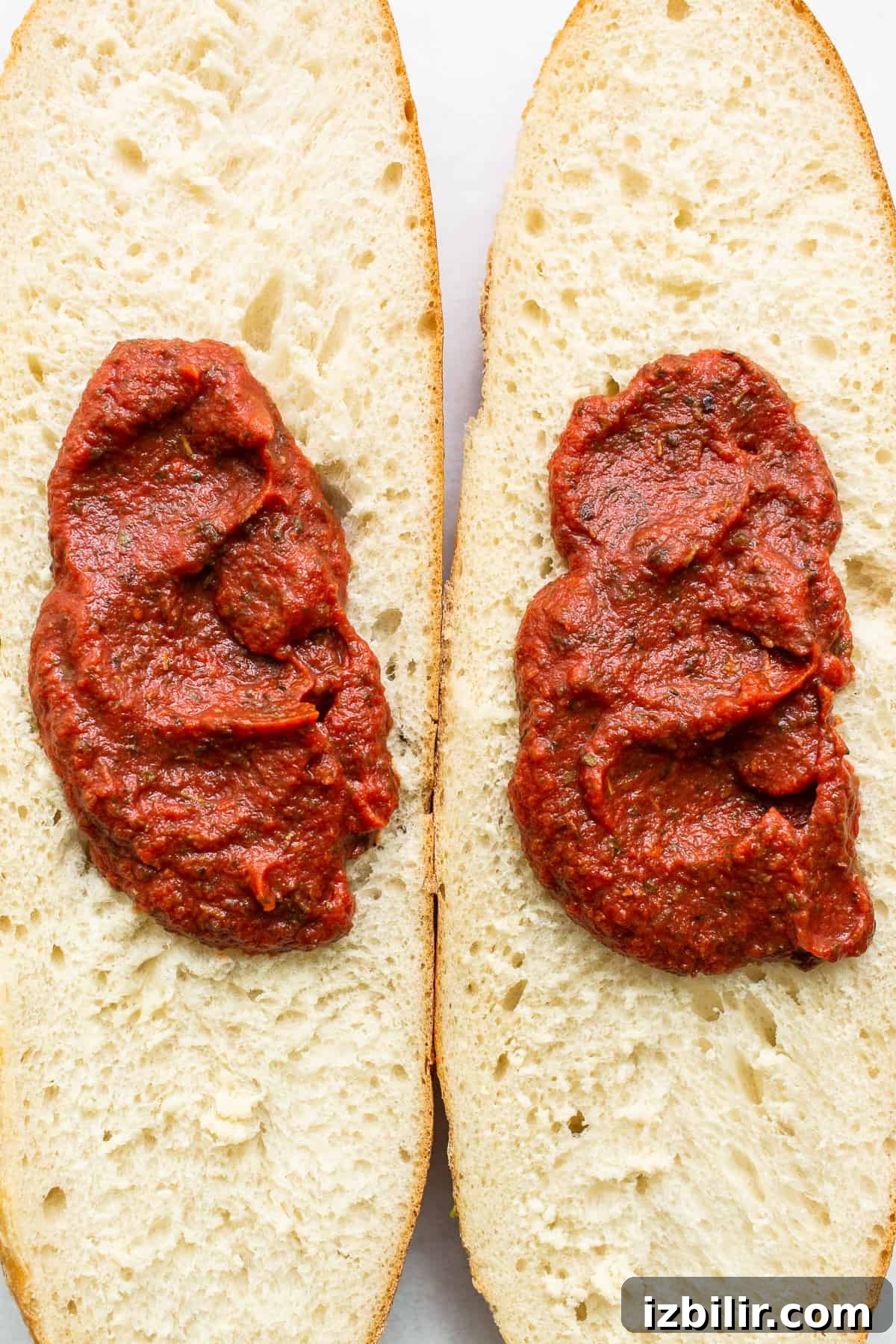 Homemade pizza sauce on french bread.