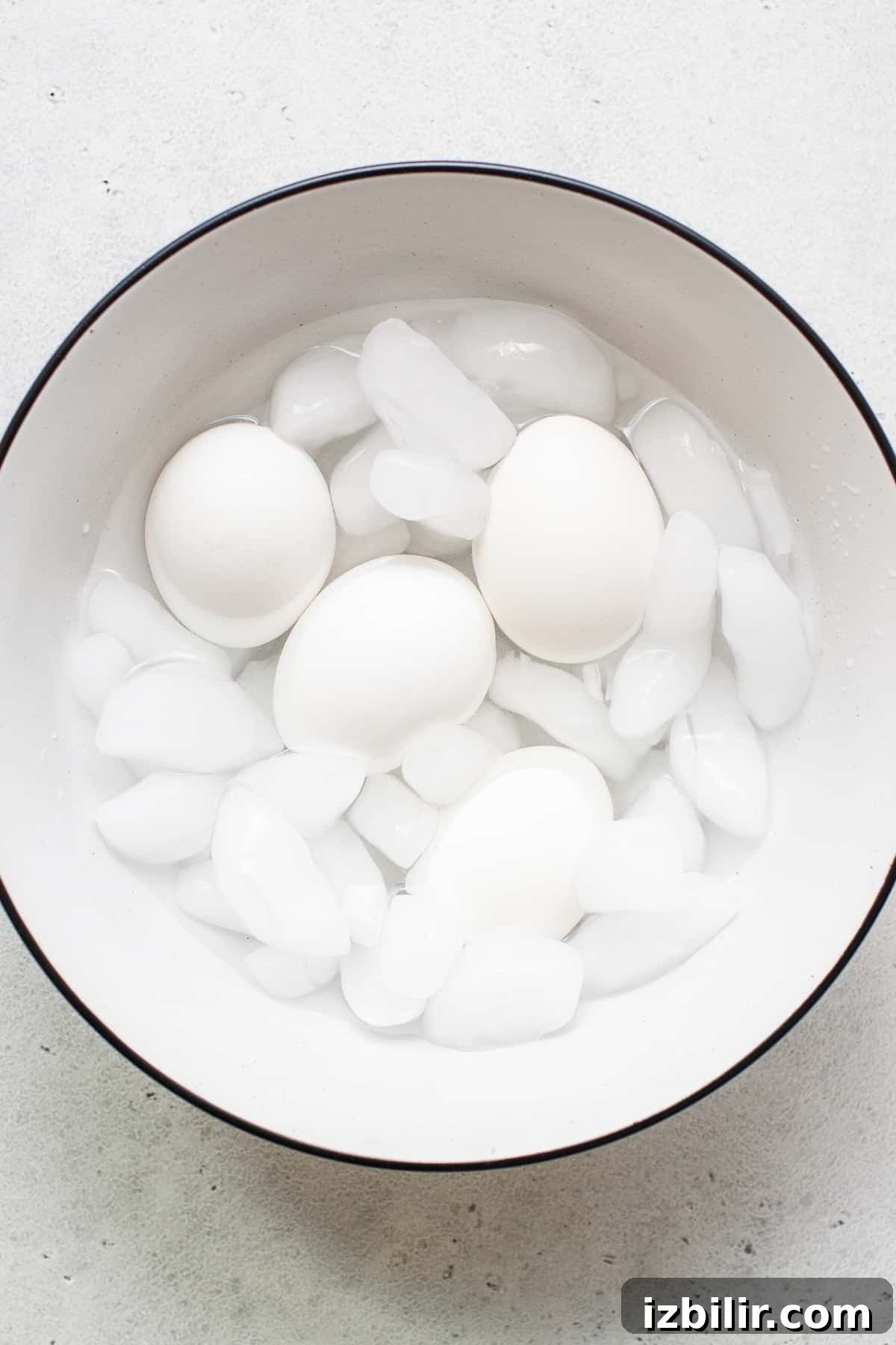 Soft boiled eggs in an ice bath.
