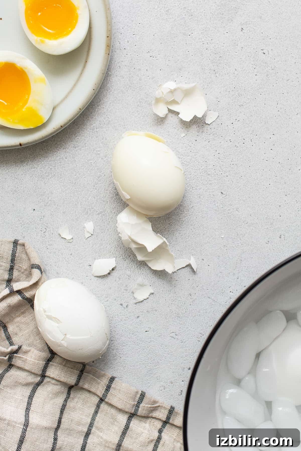 Peeled soft boiled eggs.