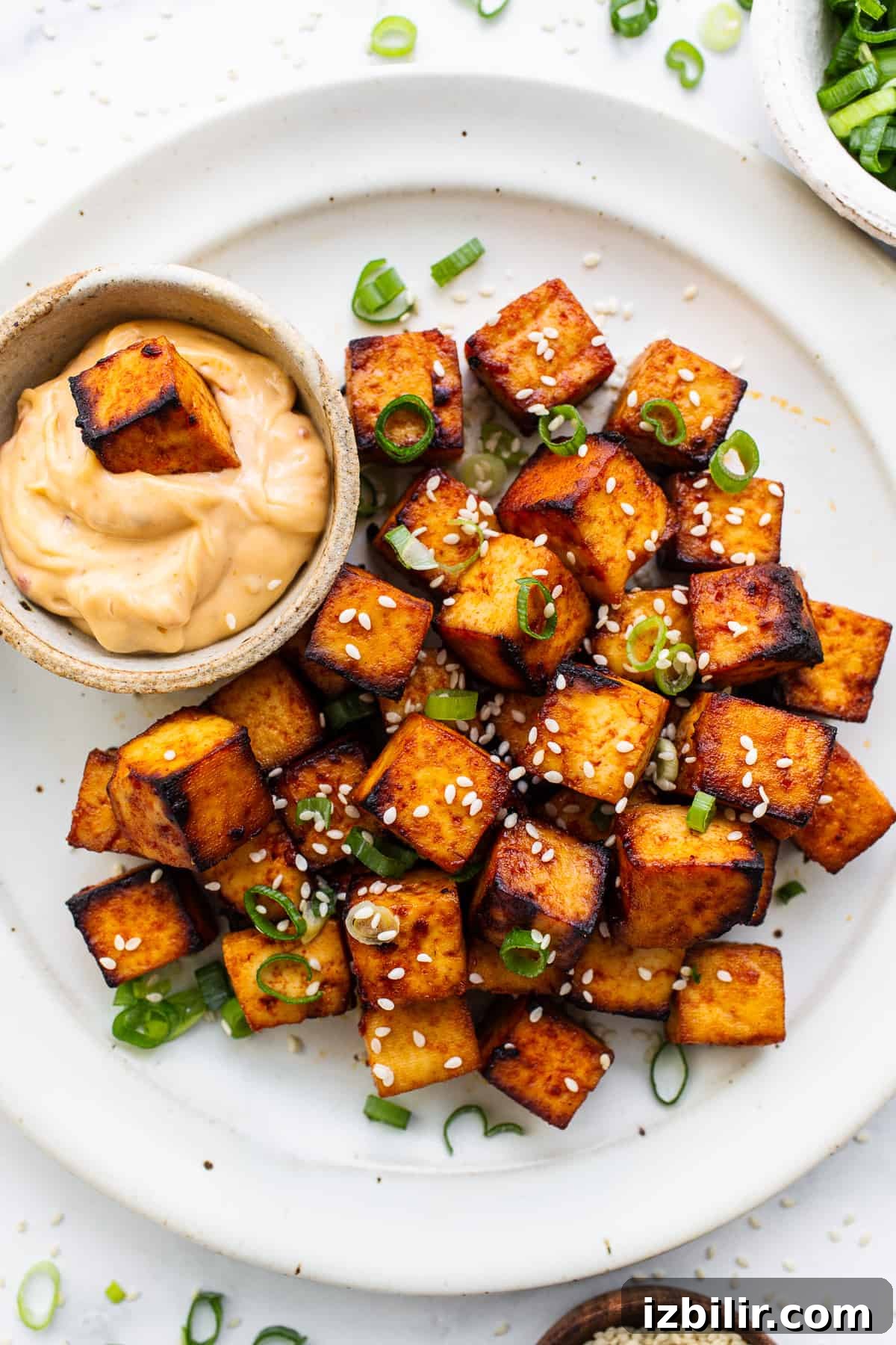 Air fryer tofu on a plate.