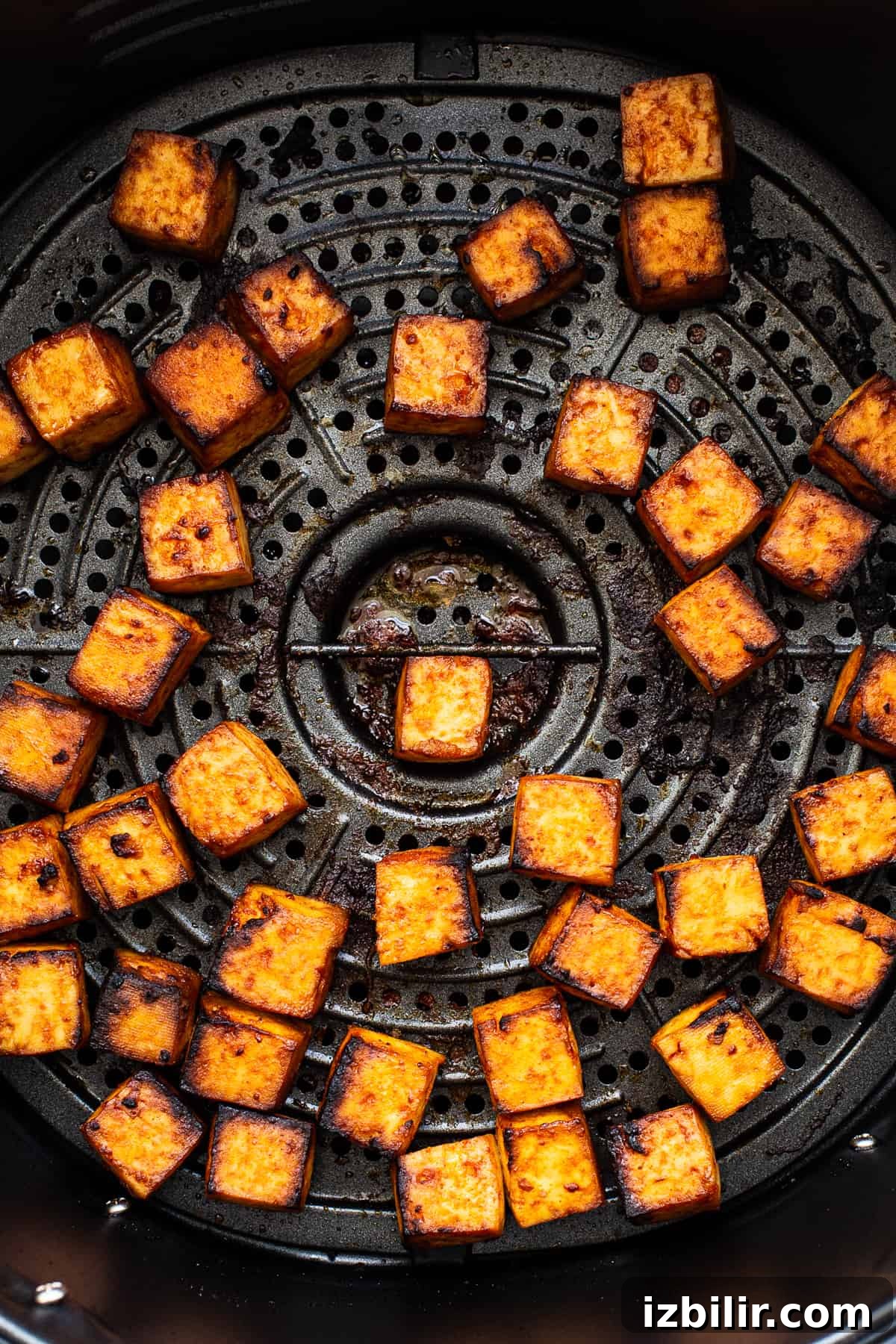 Tofu crisped up in the air fryer.