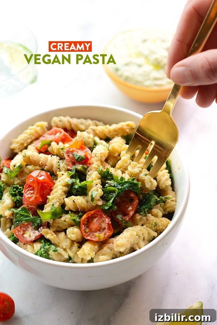 Creamy Cashew Pasta with Tomatoes and Kale 2 Looking to mix up your pasta dish? Make this delicious Creamy Vegan Pasta with Sautéed Kale, and Tomatoes.