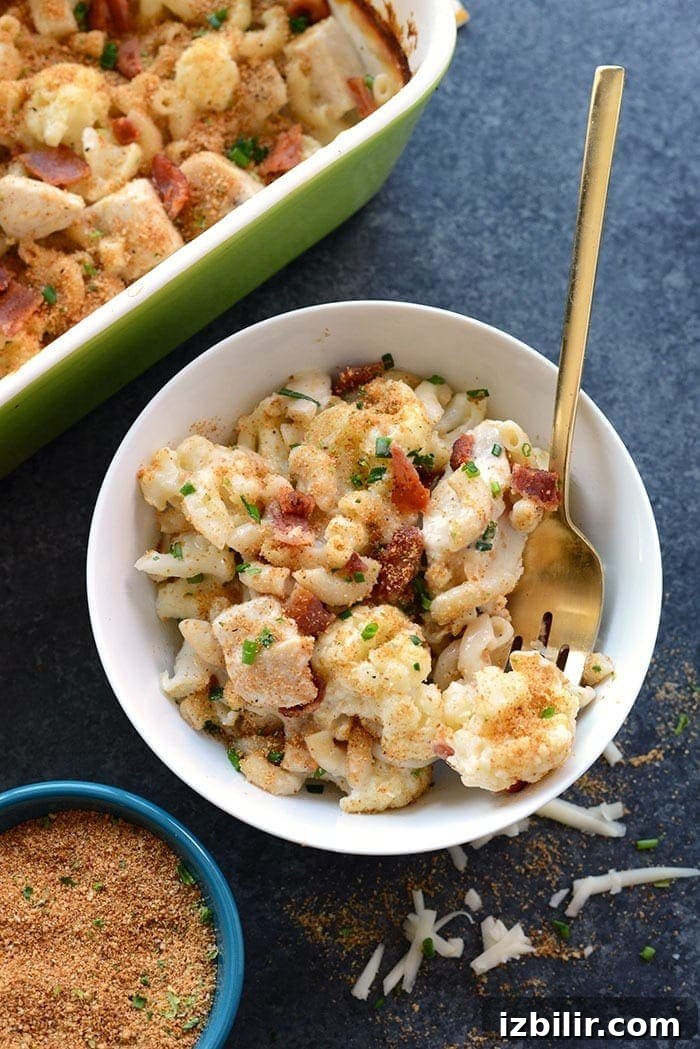 cauliflower chicken mac and cheese in bowl