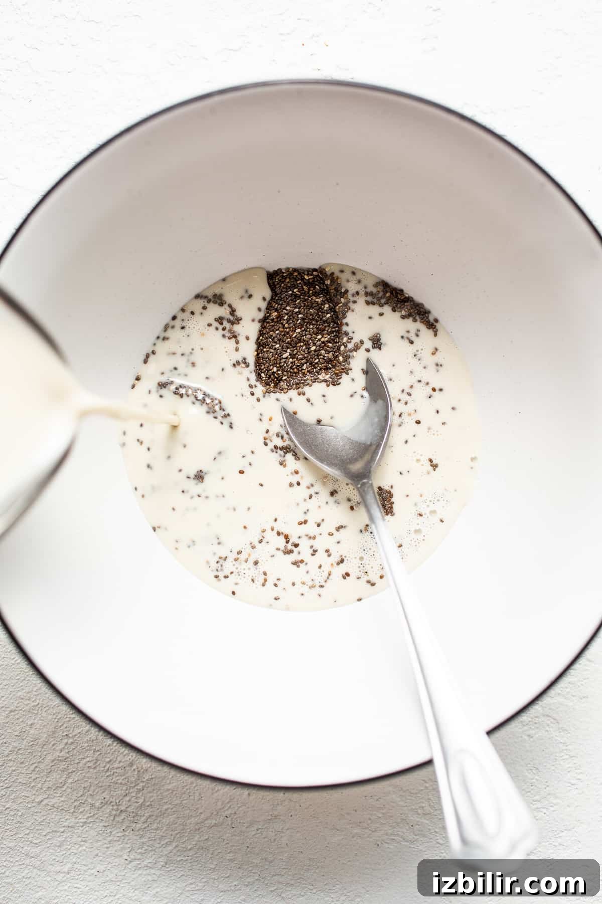 Chia seeds and milk combine to create a silky pudding base. Chia seeds in a bowl with milk.