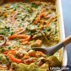 Baked Sweet Potato Green Curry Quinoa Casserole 7 Casserole ready to serve with garnish