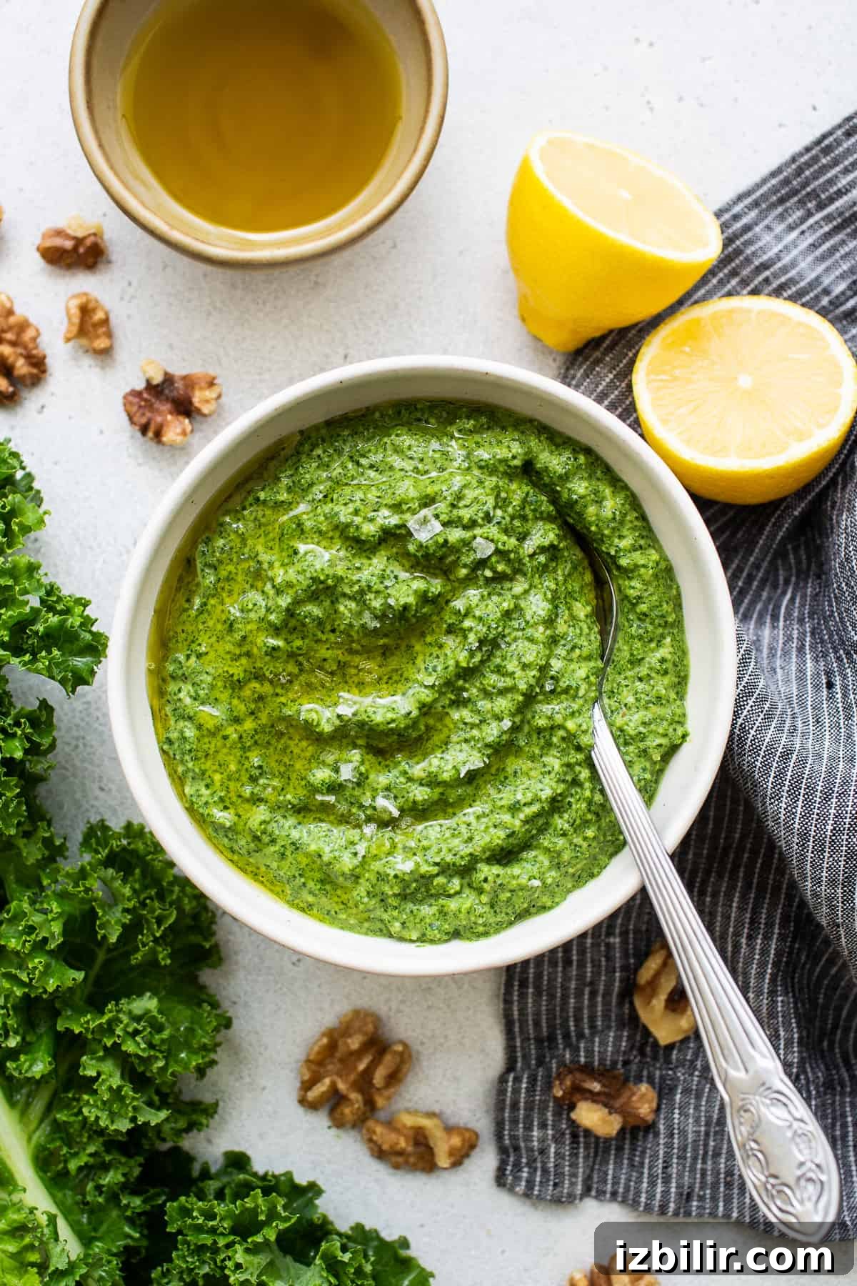 Make this easy kale pesto recipe with fresh kale, walnuts, olive oil, lemon juice, and parmesan cheese. It's the perfect complement to pasta dishes, as a dip or a marinade. Kale pesto in a bowl.