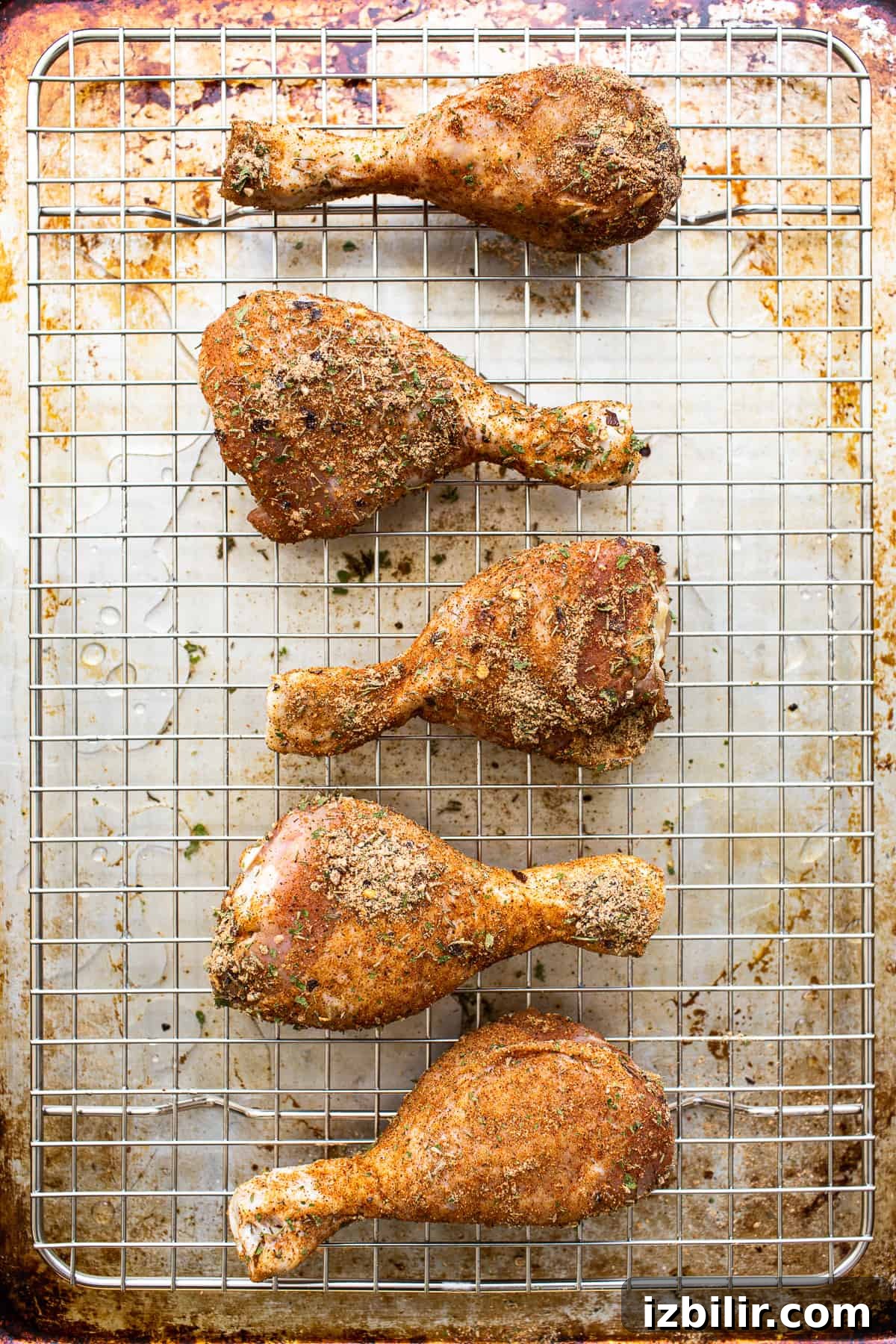 Chicken legs cooling on a rack. Chicken legs on a wire rack.
