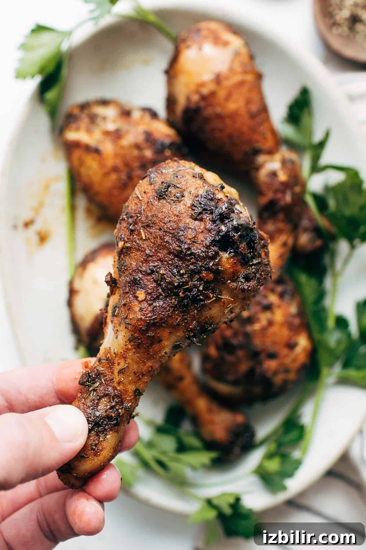 Freshly baked chicken leg. A hand holding a baked chicken leg.