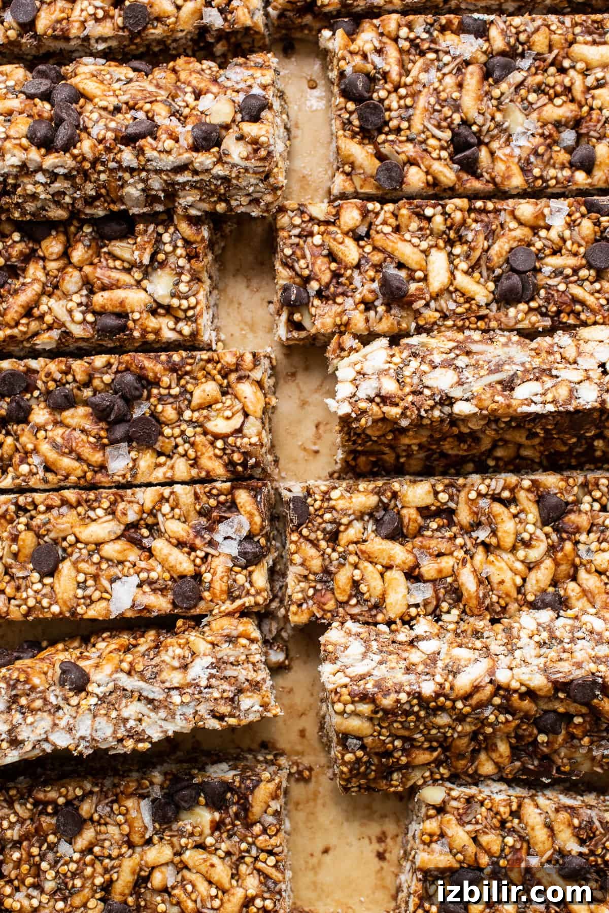 Nut and coconut bars sliced into rectangles.