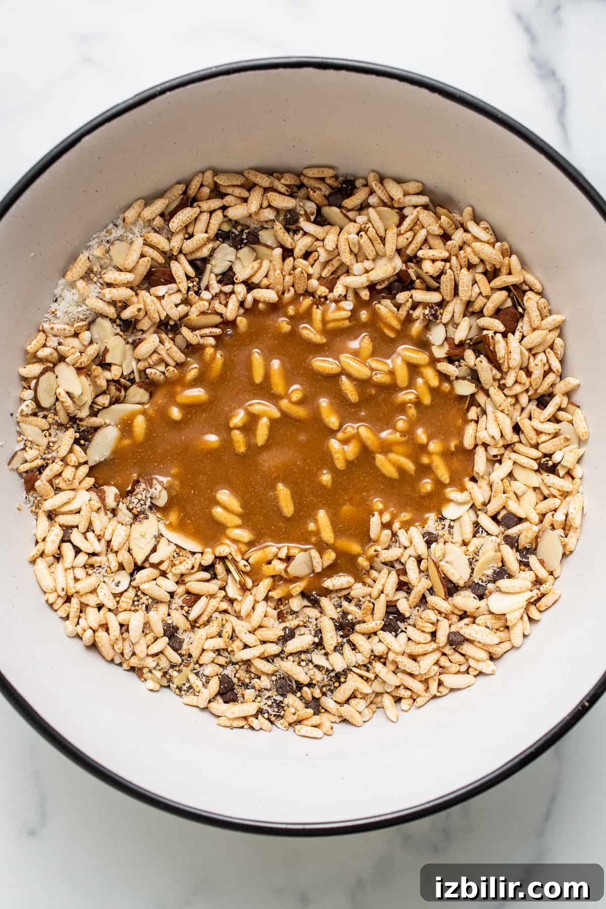 Melted brown rice syrup with brown rice.